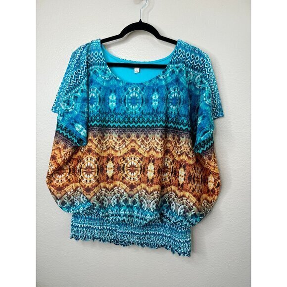 CB Women's Blue Blouse Size XL Short sleeve elastic Polyester - Picture 2 of 7